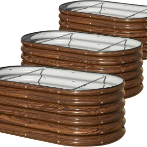 3 Pcs 4x2x1.5ft Raised Garden Bed Outdoor, 17" Tall Galvanized Metal Planter Box, Oval Kit for Vegetables Plants Fruits, Brown