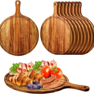 10 Pcs Acacia Wood Cutting Board with Handle - Round Serving Board for Pizza, Bread, Cheese, Charcuterie, Fruit, Vegetables - Kitchen Chopping Board Set