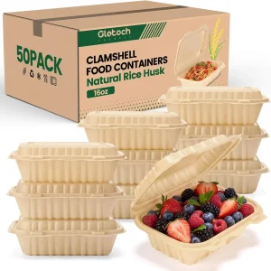 50 Pack 16oz Clamshell Take Out Containers, Natural Rice Husk Disposable Meal Prep Boxes for Pasta, Salad, Chinese Food - Durable, Leak Proof, Microwave Safe