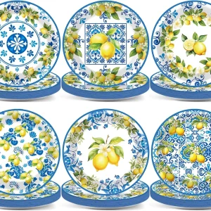60Pcs Lemon Party Paper Plates 7In Blue Tiles Yellow Fruit Dessert Plates Disposable Tableware Set for Baby Shower Birthday Summer Mediterranean Party Supplies